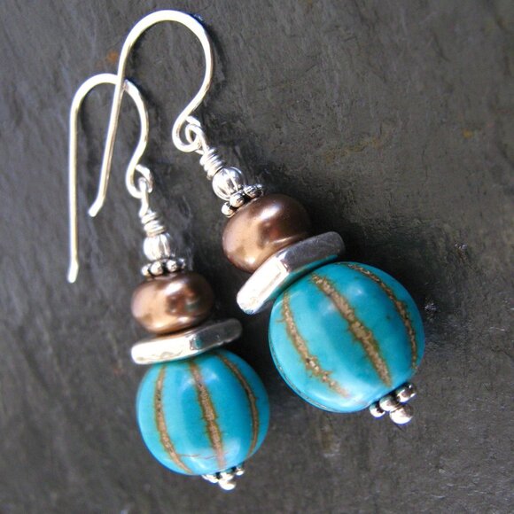 Southwestern Earrings Turquoise Stone Sterling Silver Hooks - Picture 4 of 8